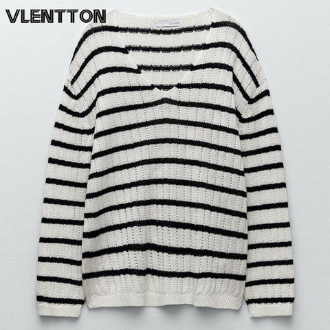 2023 Spring Autumn Women Striped V-Neck Loose Knitted Sweater Jumper Long Sleeve Female Pullovers Chic Tops