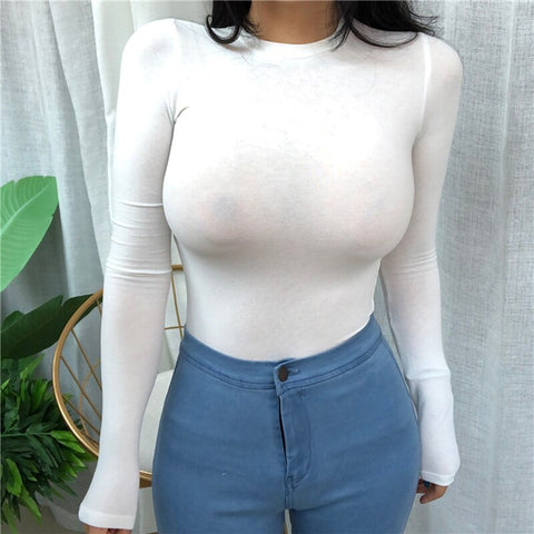 2023  Spring Fashion Women's Shirt Solid Long Sleeve Square-Neck Tops Autumn Ladies Long Tight Bottom See Through T shirt