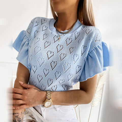 2023 Autumn Women Ruffles Sleeve Heart Pattern Hollow-out Short Sleeve T-Shirts Fashion Elegant Casual Workwear Knit Top Blouse