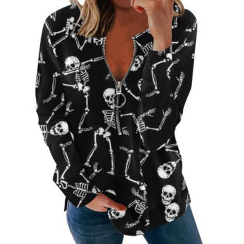 Sonicelife Women Halloween Long Sleeve Sweatshirts Pumpkin Ghost Printed Loose Tops Round Neck Tee Casual Autumn Party Zipper Streetwear