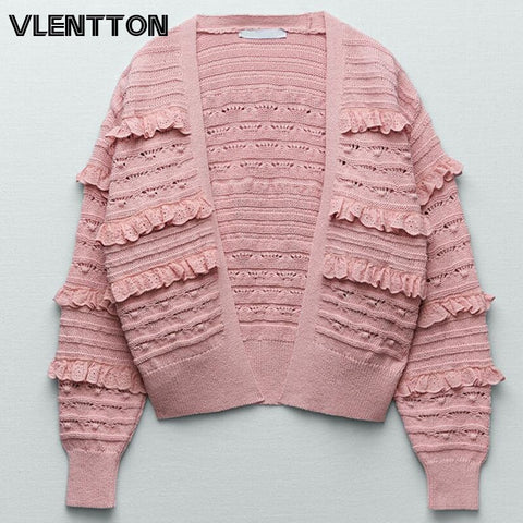 New Spring Autumn Women Fashion Pink Sweet Texture Knitted Cardigan Sweater Female Vintage Long Sleeve Coat Chic Tops