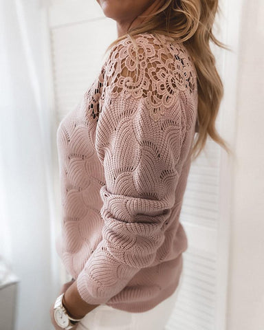 2023 Autumn Women O Neck Guipure Lace Hollow Out Long Sleeve Sweater Ladies Casual Tops Loungewear Fall Daily Wear Pink Blouse