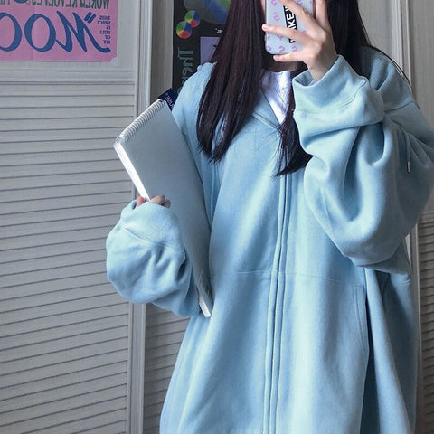 Sonicelife Letter Vintage Zip Up Streetwear Sweatshirts Women Harajuku Oversized Hoodies Thin Pockets Long Sleeve Clothes Korean Style Tops