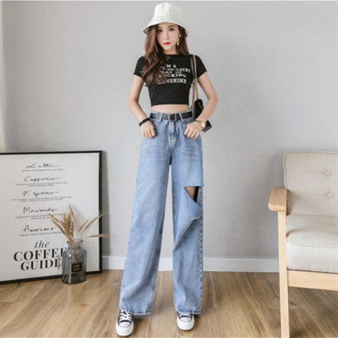 Woman Jeans High Waist Ripped Jeans 2019 Autumn Winter For Clothes Wide Leg Denim Clothing Blue Streetwear Fashion Vintage Pants