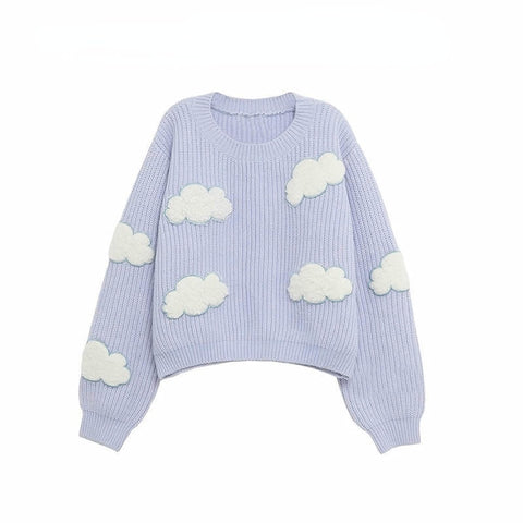 Sonicelife  Deeptown Harajuku Clouds Print Knitted Sweater Women Korean Style Oversized O-Neck Long Sleeve Jumper Cute Causal Pullover Tops