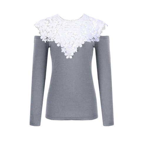 Sonicelife Sale Women Lace Patchwork T-shirt Tops Autumn  Hollow Out Off Shoulder Tee Shirt Ladies Spring Long Sleeve Casual Blusas D30