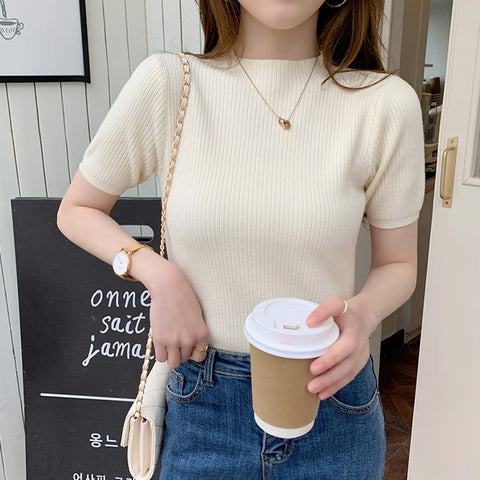 Christmas Gift 2023 Summer Knitted Thin Sweater Pullovers Korean Half Sleeve Turtleneck Sweater for Women Slim Jumper Tops Office Lady