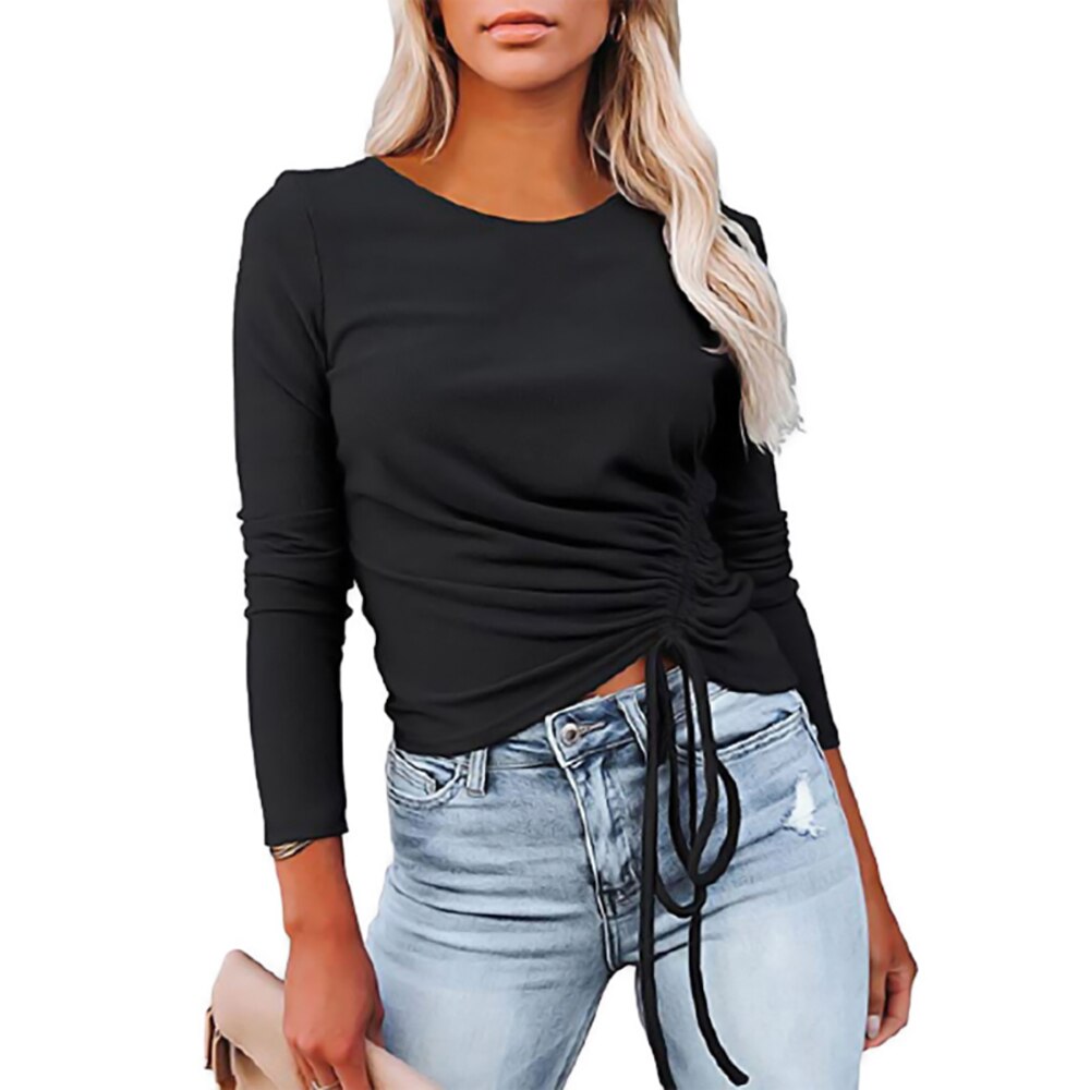 Sonicelife Office Lady Elegant Side Pleated Tops Women Stylish Long Sleeve Solid Color T-Shirt Round Neck Casual Slim Fashion Blouse D30