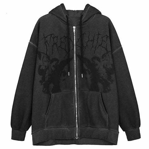 Women Hip Hop Streetwear Hooded Jacket Angel Dark Print Jacket Coat Harajuku Cotton Autumn Punk Winter Jacket Outwear Zipp 1027-1