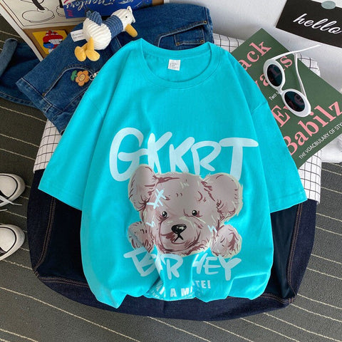 S-4XL Harajuku Streetwear Cotton Letter Bear Print Short Sleeve T-shirt Women Clothes Summer O-neck Couple Girls Tops Loose Tee