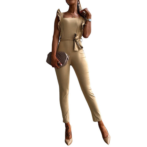 Sonicelife Women Jumpsuit Summer Casual Solid Color Slash Neck Pocket Overalls Lace-up Jumpsuit Ruffle Sleeve Slim Fit Romper with Belt D30