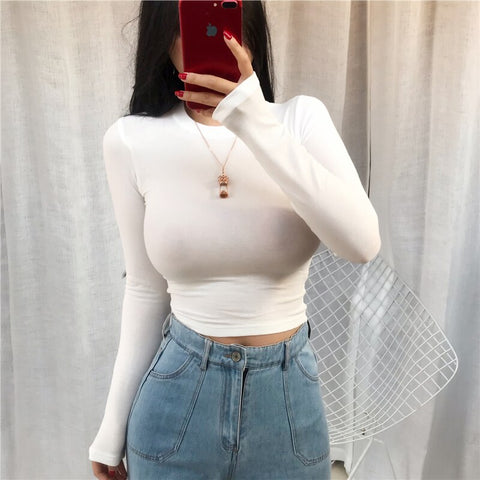 Sonicelife 2024 O Neck White Crop Top Women Summer Casual T Shirt Basic  Streetwear Slim  Black Long Sleeve Tops