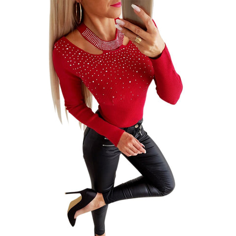 Sonicelife Sale Women T-shirt Knit Halter Beading Tops  Hollow Out Black Red Ladies Tee Shirt Spring Slim Tops Long Sleeve Camisa D30