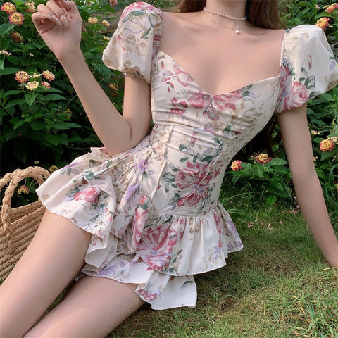 Sonicelife hoco dresses Summer French Romantic Floral Mini Romper Square Collar Flowers Printed Chiffon Tiered Playsuit Cute Kawaii Feminine Romper  Fairy Dress