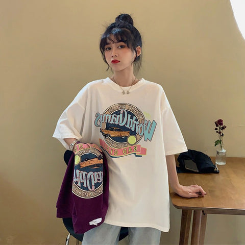 Sonicelife Round Neck Vintage Print T Shirt Oversize Aesthetic Top for Women Korean Style Stylish Clothes Cotton Short Sleeve Tees Pullover