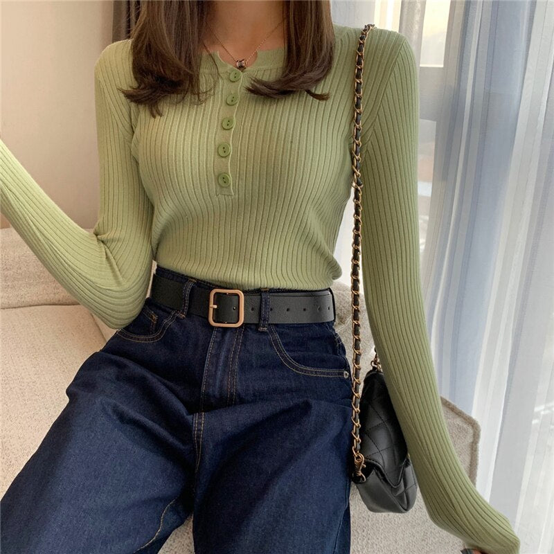 2023 Knitted Women Button Sweater Pullovers spring Autumn Basic Women highneck Sweaters Pullover Slim female High Quality Top