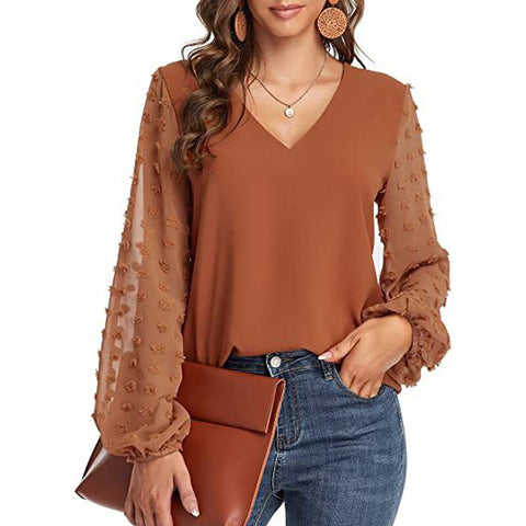 Sonicelife  Women Chiffon Blouses 2023 V Neck Long Sleeves Spring Summer Solid Tops Orange Jacquard Patchwork Casual Pullover Blouse
