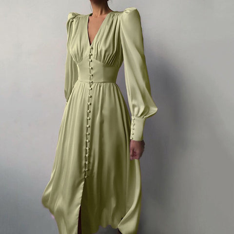 Sonicelife Spring Fashion Satin Solid Long Sleeve Dress 2024 Elegant Women Button A-Line Mini Dress Casual Loose V-Neck Party Dress Vestido