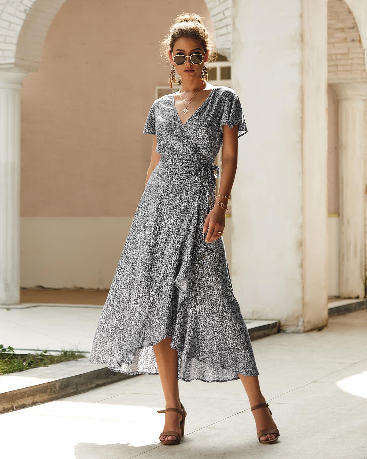 Sonicelife Summer Wrap Dress Beach Floral Print Bohemian Chiffon A Line Vintage Polka Dot Waist Tied Maxi Casual Dress Women0424