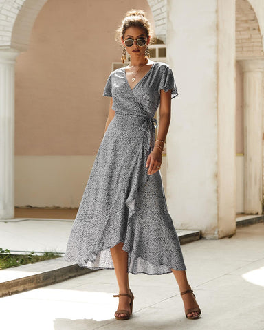 Sonicelife Summer Wrap Dress Beach Floral Print Bohemian Chiffon A Line Vintage Polka Dot Waist Tied Maxi Casual Dress Women0424