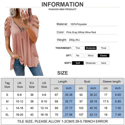 Sonicelife Summer Hollow Out Short Sleeve T-Shirts Women  Zipper V-Neck Casual Ladies Tops Fashion Female Streetwear Blouse Tee D30