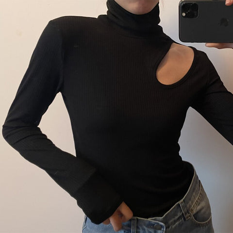 Toppies  Skinny Turtleneck Top Woman Hollow Out Casual Long Sleeve T Shirt Skinny Spring 2023 Slim Tee Lady Clothes