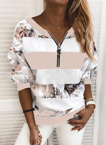Sonicelife Women Tshrts V-Neck Wide Stripe Print Long Sleeve Zipper Casual Stretchy 2024 Autumn Fashion Ladies Tops Vintage Clothes D30