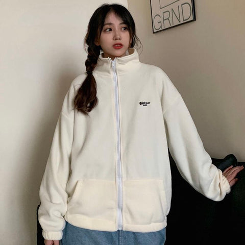 Sonicelife Harajuku Long Sleeve Oversized Hooded Sweatshirts Women Winter Vintage Clothes Woman Warm Thick Jacket Sweetshirt Zip Up Hoodies