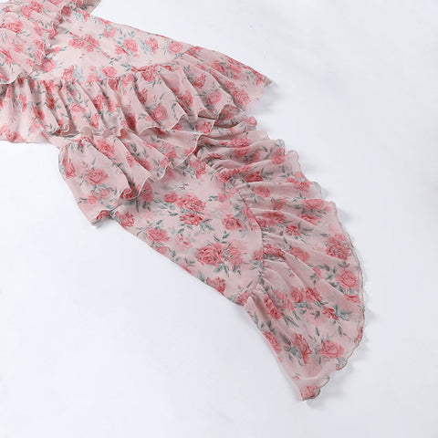 Sonicelife   Irregular Ruffled Breast Wrap Strap Dress Women's  Spring Summer Midi Flower Halterneck  Boho Dress Beach Dress Sundress  Fairy Dress