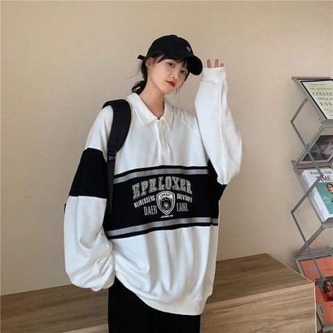 Sonicelife Print Vintage Long Sleeve Sweatshirt Polo Neck 2024 Spring Clothes For Women Harajuku Letter Female Pullovers Casual Chic Tops