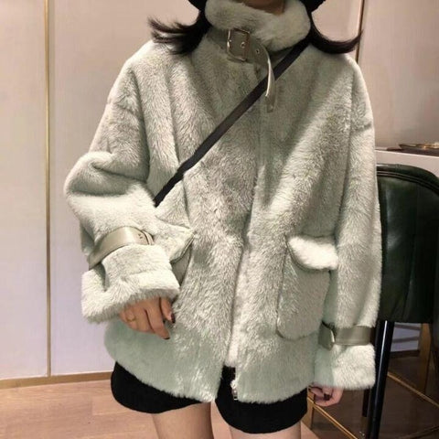 Sonicelife Women's winter Faux Fur Coat White Loose Mink Fur Trench Jacket women 2024 Korean Zipper Plush Thick Rabbit imitation fur Coat