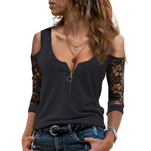 Women Elegant Off-Shoulder Tops Lace Three Quarter Sleeve  Zipper Up V Neck Shirt Black Female Ladies Autumn Clothes D30