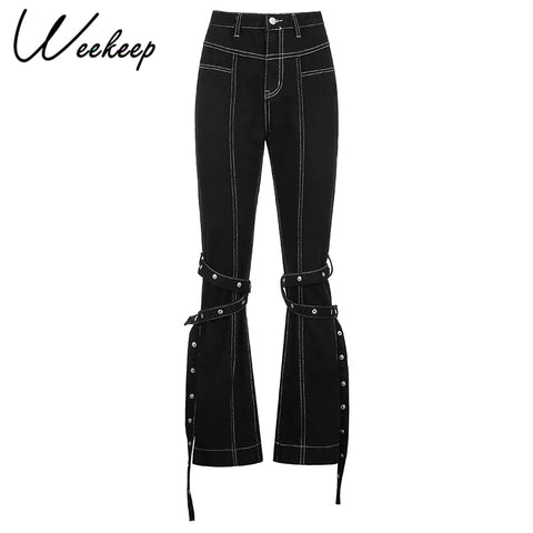 Sonicelife Weekeep Pockets Patchwork Baggy Jeans Fashion Streetwear 100% Cotton Women Denim Trouser Loose Cargo Pants Korean Jeans Harajuku