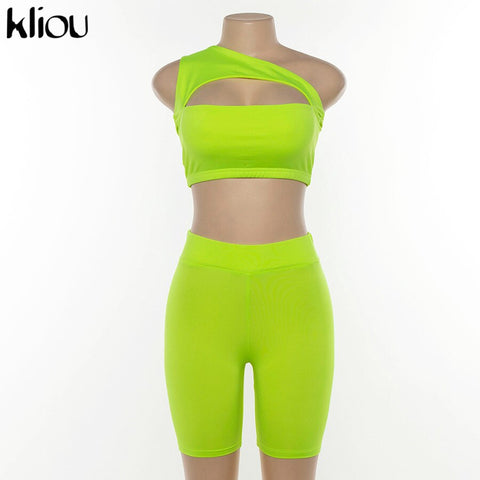Kliou classic women neon color two pieces set off shoulder hollow out crop top elastic high waist shorts outfit tracksuit summer