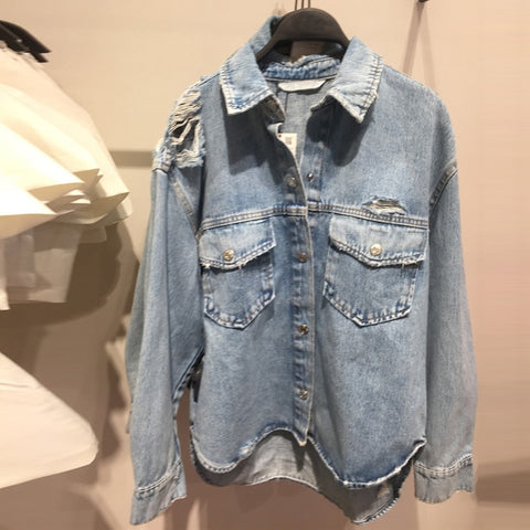 New Spring Autumn Women Ripped Denim Cool Jacket Fashion Casual Loose Pocket Buttons Blouses Shirt Coat ZA