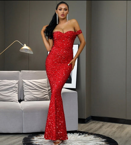 Sonicelife  Strapless Red Sequin Bodycon Fishtail Party Maxi Dress