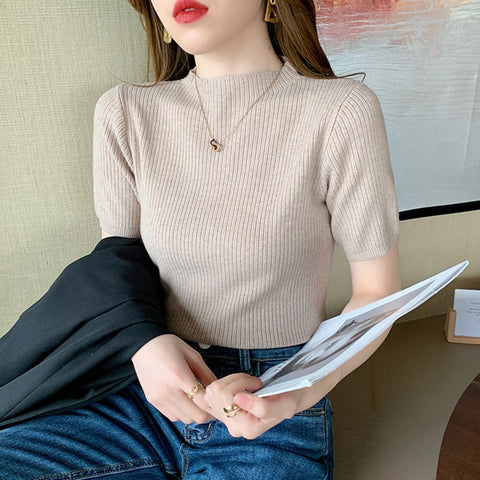 Christmas Gift 2023 Summer Knitted Thin Sweater Pullovers Korean Half Sleeve Turtleneck Sweater for Women Slim Jumper Tops Office Lady