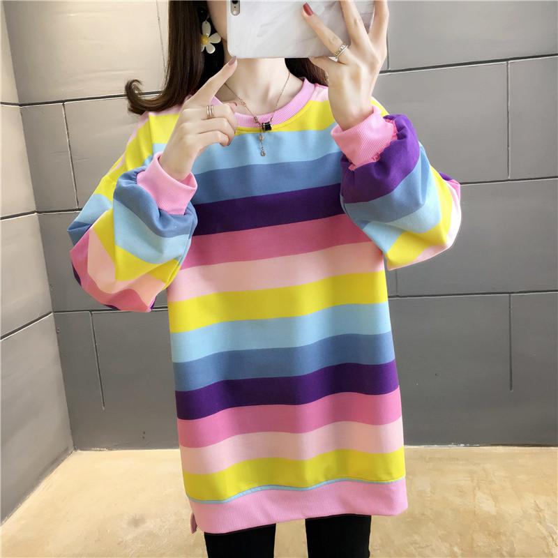 Sonicelife Fashion Rainbow Color Sweatshirt Hoodies Women 2024 Loose Long Sleeve Pullover Female Spring Autumn Oversized Harajuku Striped