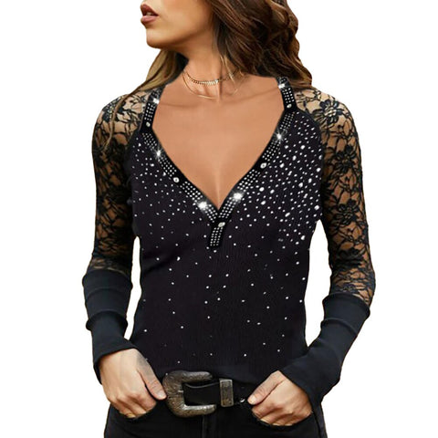 Solid Sequins Patchwork Tops for Female  V Neck Casual  Lace Long Sleeve Women Black Office Lady Work Autumn Streetwear