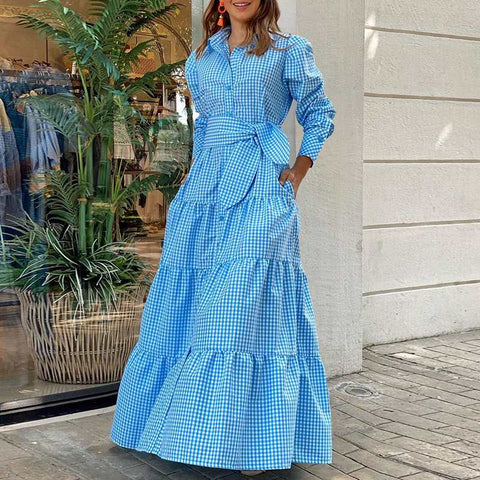 Sonicelife  Shirt Dress Women Long Sleeve Party Dresses 2024 Casual Lapel Button Vintage Belted Pockets Sundress Plaid Printed Robes