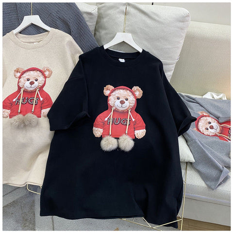 Sonicelife Women's Cotton T-shirt Cute Bear Tshirts 2024 Summer Short Sleeve Loose Casual Harajuku Tee Oversized Couple Fur Ball Tops Cloth