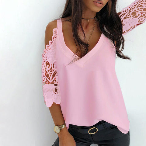 Sonicelife Lace Sleeve Patchwork Tops Women Summer  V Neck Hollow Out Top Slim Fit Tees Black White Pink Ladies Solid Blouse 2024 D30