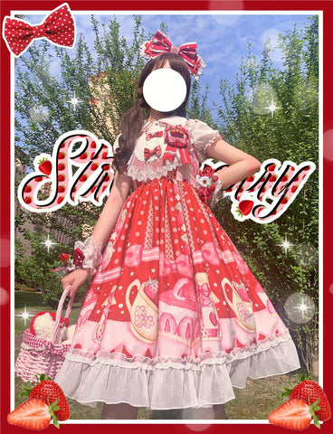 Sonicelife-Japanese soft sister Lolita strawberry cake lace edge stitching high waist Lolita jsk dress female summer Sleeveless dress