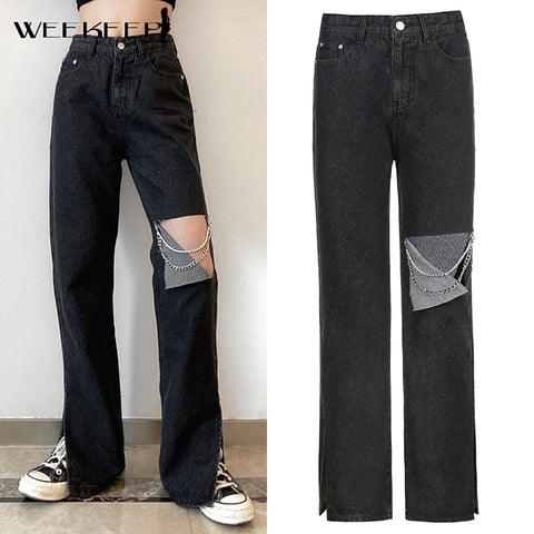 Weekeep Vintage Gothic Cut Out Holes Chain Straight Jeans Women Split High Waist Long Denim Pants Summer Casual Streetwear 2021