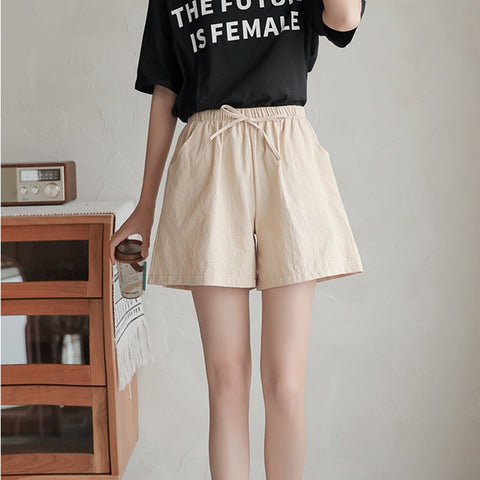 High Waist Shorts Woman Summer Loose Casual Solid Drawstring Cotton Linen Shorts for Girls Women's Short Pants Streetwear