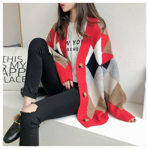 Sonicelife Knitted Cardigan for Women 2024 Korean Fashion Elegant Casual Plaid V-Neck Sweater Women's Knitted Jacket Sweaters Oversize