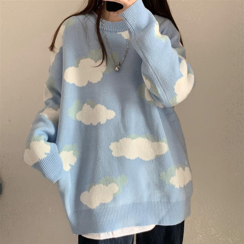 Sonicelife  Kawaii Cartoon Cloud Print Knitted Sweater Women  Korean Style Harajuku Blue Long Sleeve Oversize Jumper Female Winter
