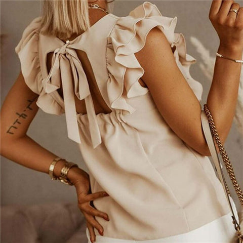Back to school outfit Sonicelife  Ruffles Short Sleeve Backless Lace Up Women Blouse Solid O-Neck Pleated Elegant Loose Ladies Blouses 2023 New Summer Casual Tops