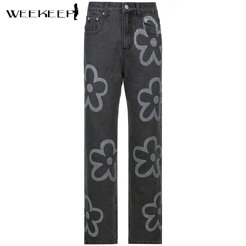 Weekeep Streetwear Grey Straight Jeans Women High Waist Floral Print Loose Denim Trousers Summer Casual Harajuku 2021 Long Pants