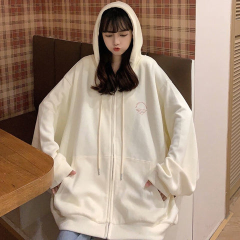 Retro Zip Up Hooded Sweatshirts Womens Fashion Spring Autumn Clothes Loose Hoodies Korean Long Sleeve Casual Oversized Pullover